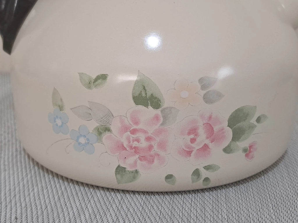Vtg Pfaltzgraff Tea Rose Pink Floral Metal Enamel Tea Kettle Teapot