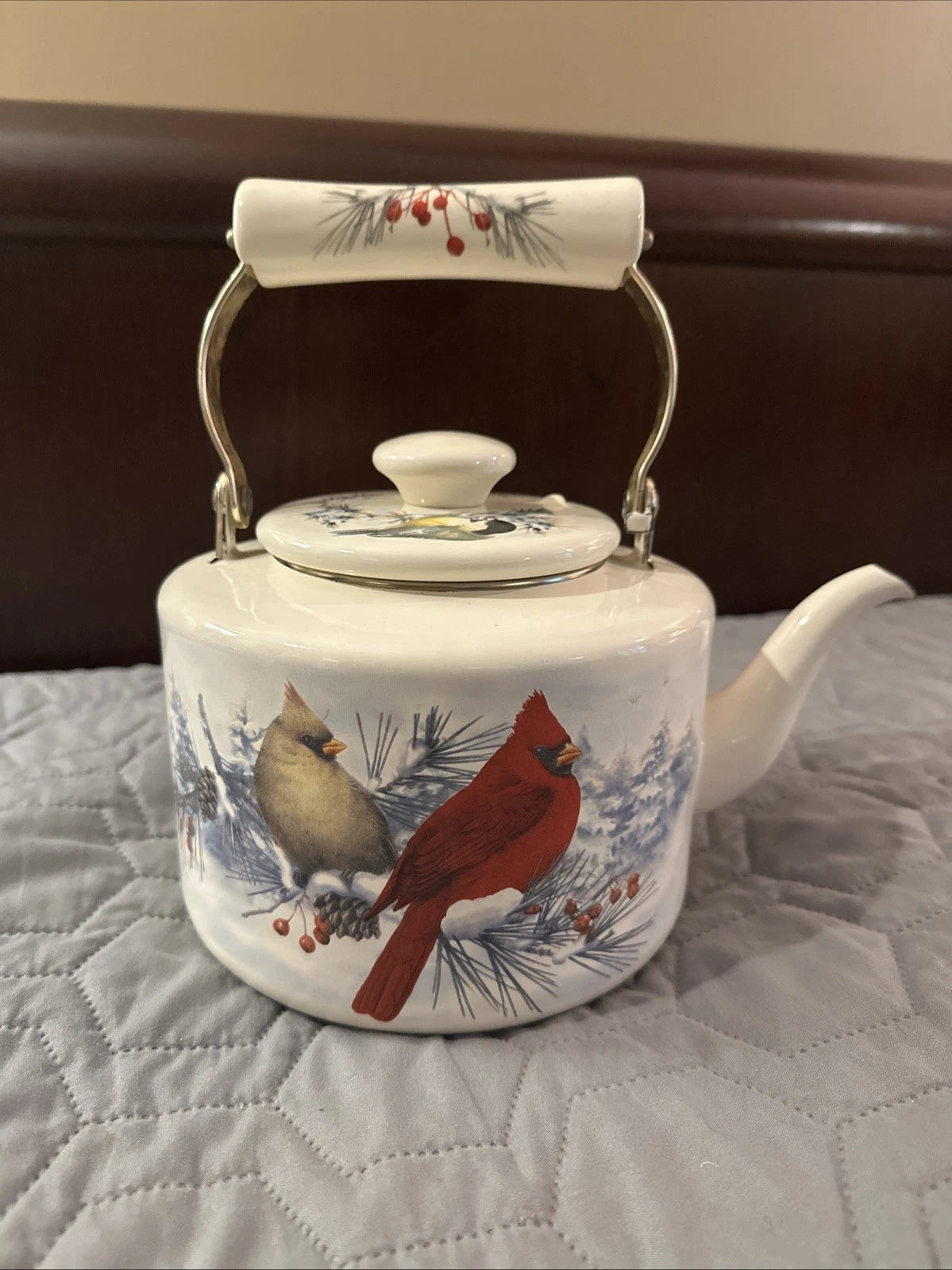 Lenox Winter Greetings Scenic Enamel Tea Kettle Cardinals Chickadee Holiday