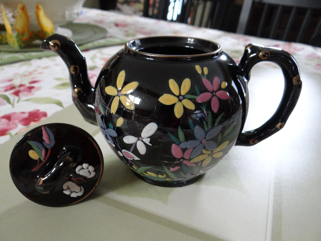 Vintage Black Tea Pot Hand Painted Enameled Flowers England Red Clay | eBay