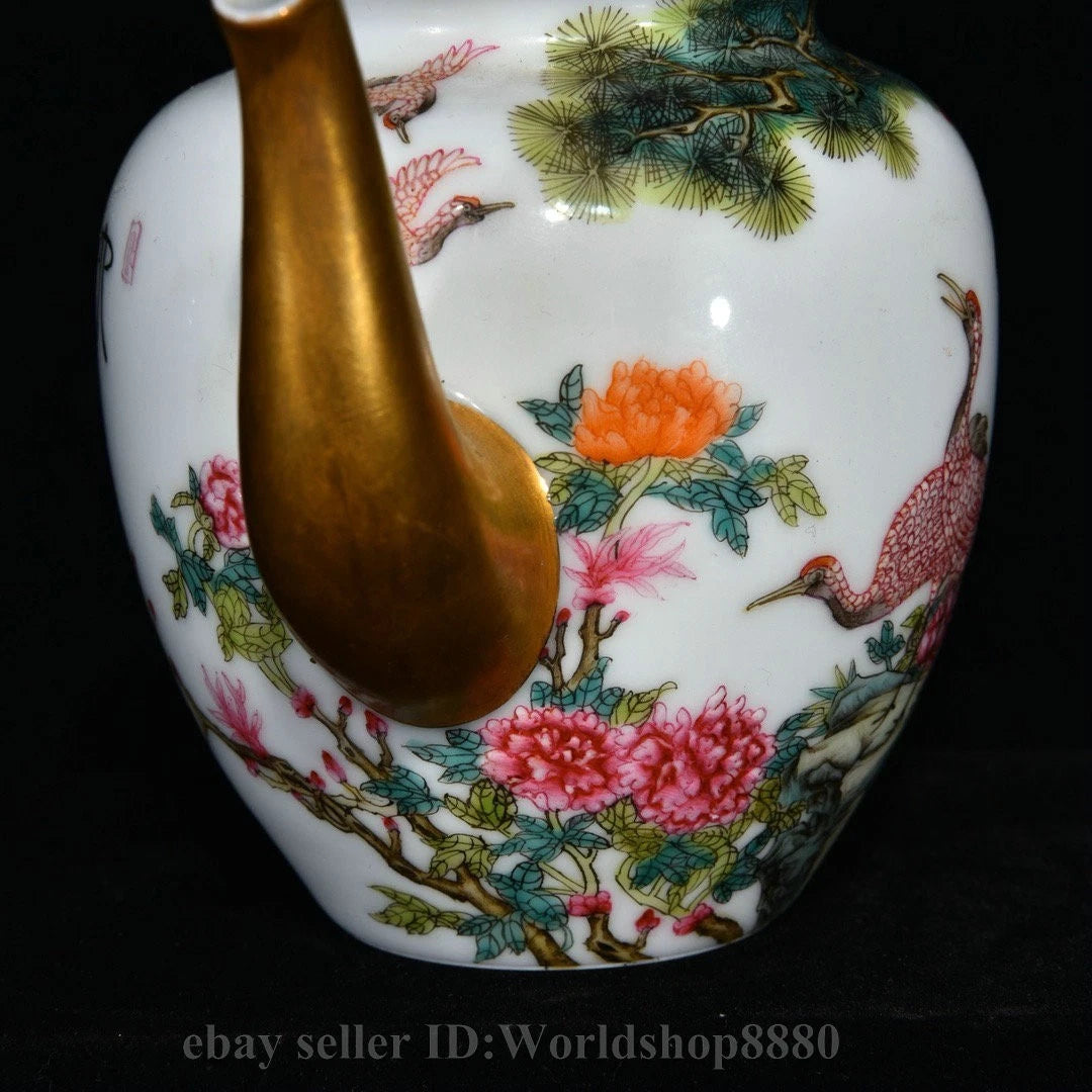 6.4"Yongzheng Marked Enamel Porcelain Gilt Flower Birds Tree Pattern Wine Teapot