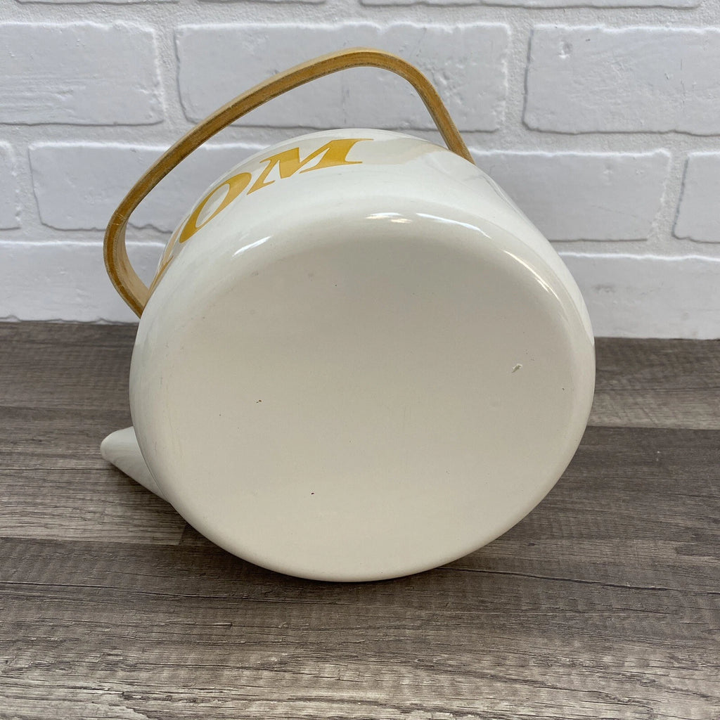 Vintage Beige Enamel Ware Mom Tea Pot Kettle Wood Handle Retro MCM Mother’s Day