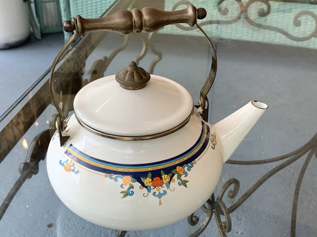 Vintage Lincoware Off White Enamel Metal Flower Motif Teapot Kettle Brass Handle