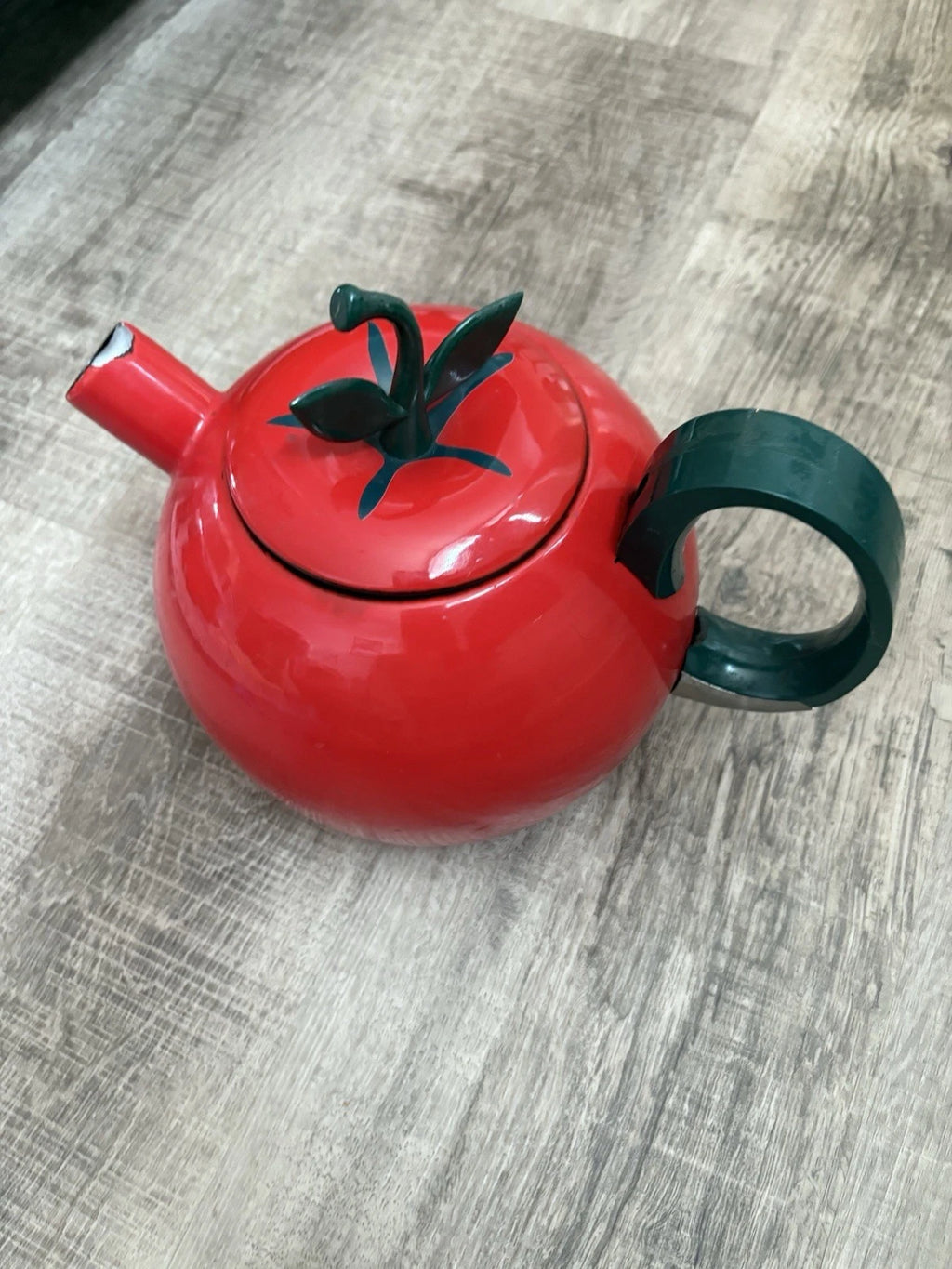 Vintage Copco Red Enamel Tomato Teapot/ Kettle With Green Leaf And Stem