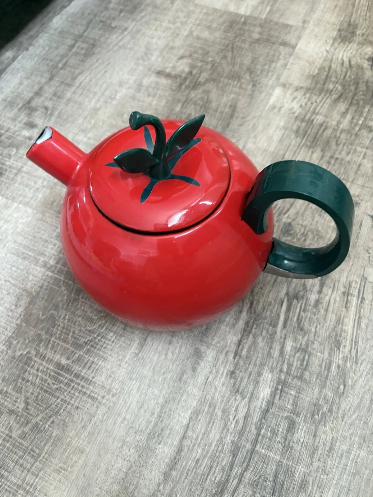 Vintage Copco Red Enamel Tomato Teapot/ Kettle With Green Leaf And Stem