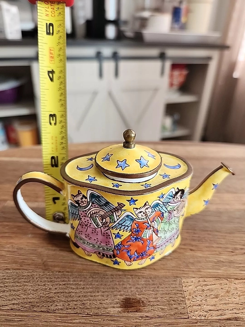 VINTAGE CLOISONNE TEA POT CATS W INSTRUMENTS THEME RETRO COLLECTIBLE ENAMEL