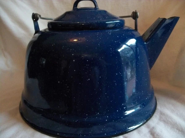 Vtg Blue White Speckled Enamelware Teapot kettle, wire wrap handle, from auction