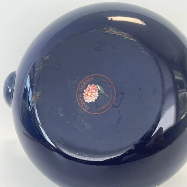 1983 GAILSTYN SUTTON "Flower Garden" Vintage Enamel Ware Cobalt Teapot Kettle