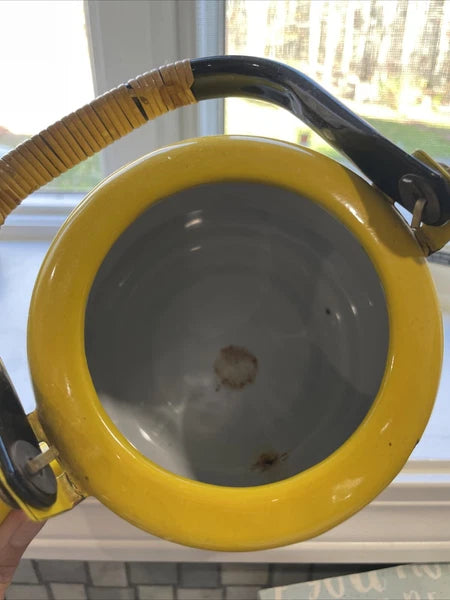 Vintage Enamelware Yellow With Black Trim Tea Pot Kettle Japan