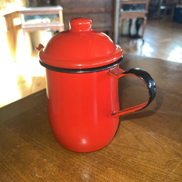 Red Japanese Style Thick Enamel 4 Cup Fine Spout Tea Pot W/ 4 Mini Enamel Cups