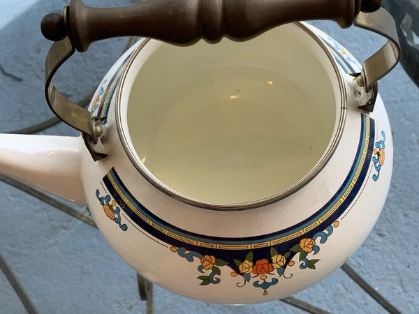 Vintage Lincoware Off White Enamel Metal Flower Motif Teapot Kettle Brass Handle