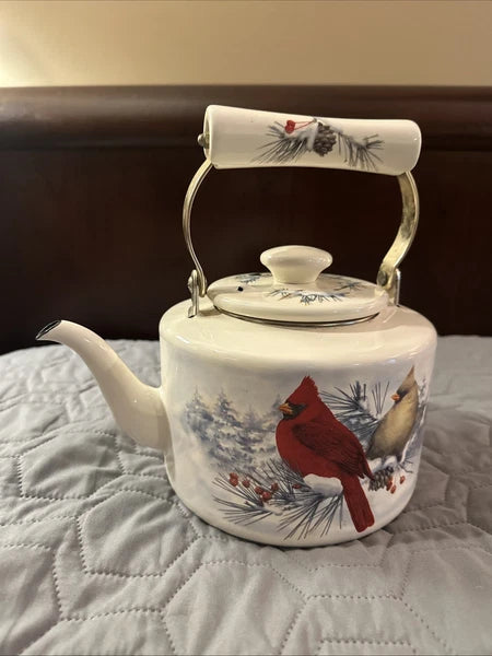 Lenox Winter Greetings Scenic Enamel Tea Kettle Cardinals Chickadee Holiday