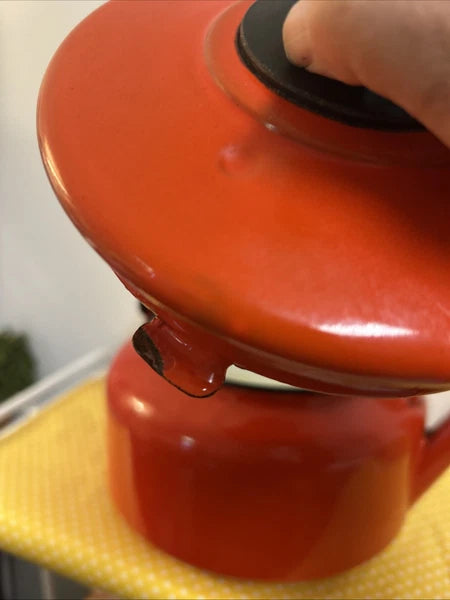 Vintage Orange Black Enamelware Tea Pot Kettle Mod Kitchen Retro 2.5QtPoland MCM