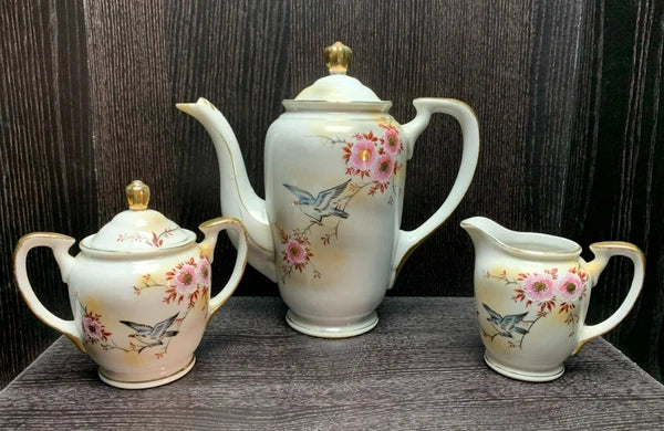 VTG JAPANESE FLORAL TEA COFFEE POT / SUGAR / CREAMER Enamel Detail, Gold Trim