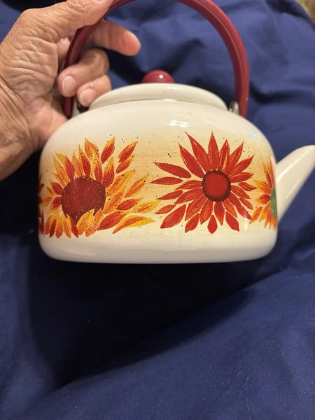Vintage Enamel 8 Cup Teapot Kettle W/Flower Pattern