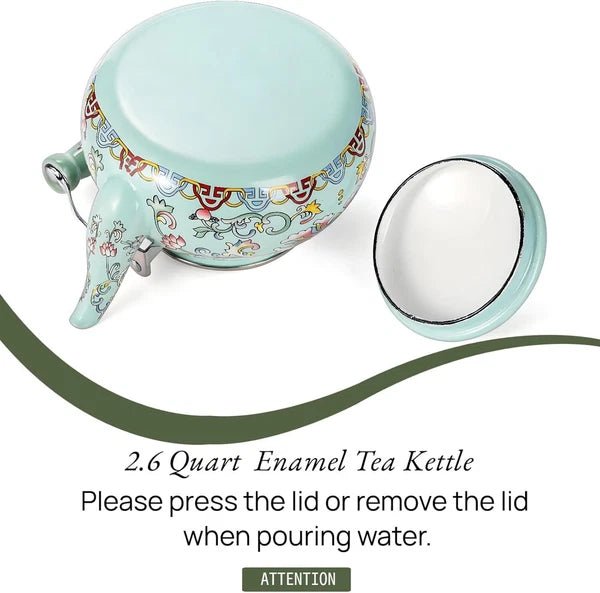 2.6 Quart Floral Enamel Tea Kettle, Vintage Enameled Teapot Stovetop, Enamel on