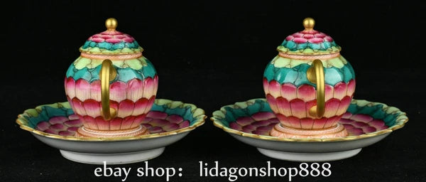 6.2" Qianlong Marked Enamel Porcelain Gilt Lotus Flower Pattern Teapot Plate Set