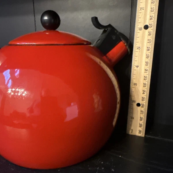 Vintage Red Enamel Tea Kettle Copco Tea Pot Black Handle MCM