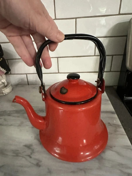 Vintage MCM Red Baked Enamel Tea Kettle with Black Handle Tea Pot Japan Rustic