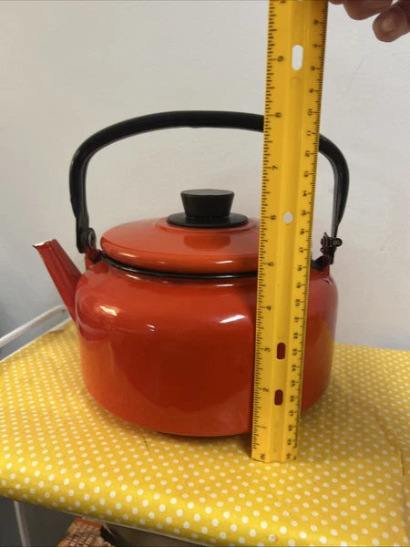 Vintage Orange Black Enamelware Tea Pot Kettle Mod Kitchen Retro 2.5QtPoland MCM