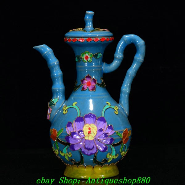 Old Dynasty Ru Kiln Porcelain Cloisonne Enamel Filigree Flower Teapot Teakettle