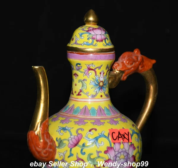 7" Qianlong Enamel Color Porcelain Gilt Dragon Beast Flower Wine Pot Teapot