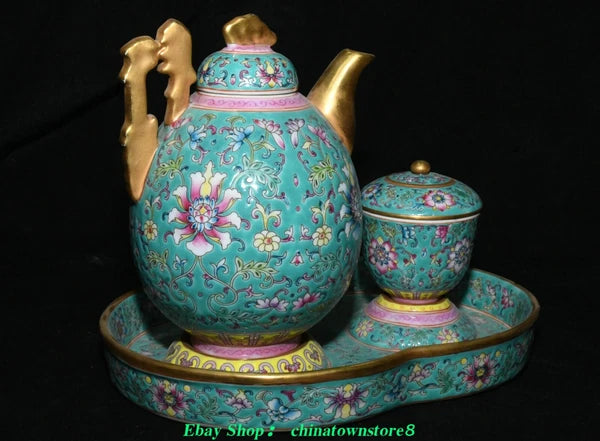 Old Qing Dynasty Enamel Colour Porcelain Gilt Flower Wine Tea Pot Flagon Set