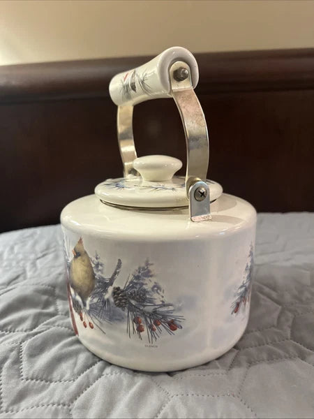Lenox Winter Greetings Scenic Enamel Tea Kettle Cardinals Chickadee Holiday