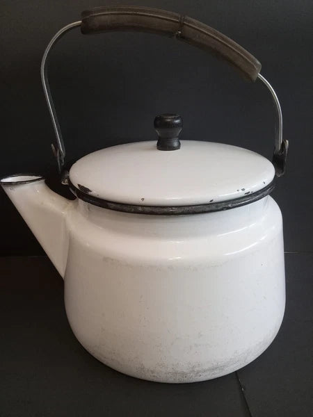 Vintage White Enamelware Tea Kettle Teapot/ Black Trim