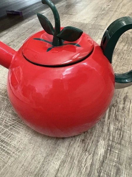 Vintage Copco Red Enamel Tomato Teapot/ Kettle With Green Leaf And Stem