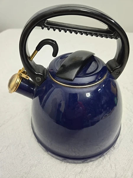 Vintage Dark Blue Enamelware Tea Pot Whistle Spout Brewing Classic