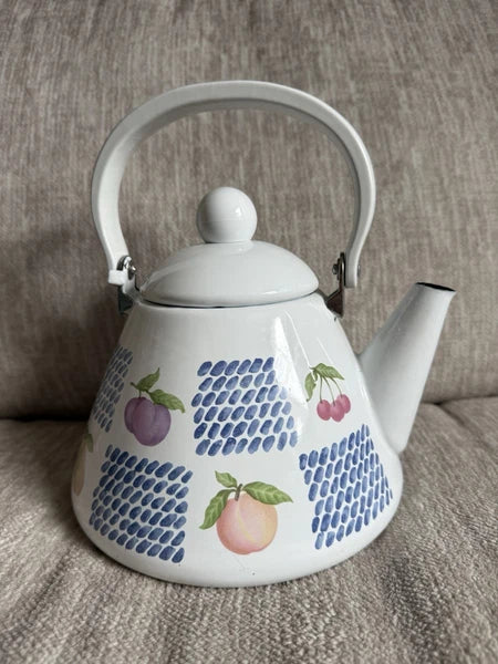 Vintage White Enamel Teapot w/Fruit Design Cottagecore Farmhouse Kitchen Decor