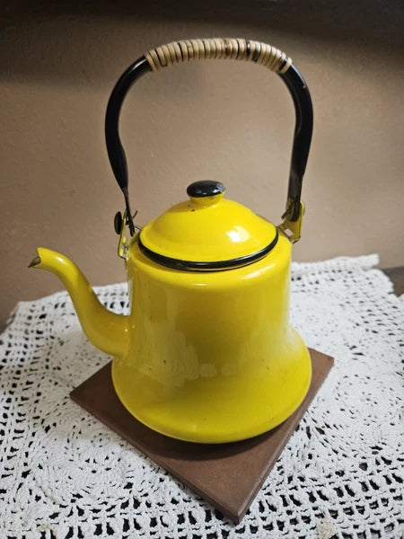 Vintage Enamelware Yellow Black Trim Tea Pot Coffee Pot