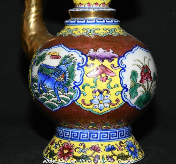 8" Qianlong Colour Enamel Porcelain Gilt Dragon Qilin Lotus Wine Tea Pot Flagon