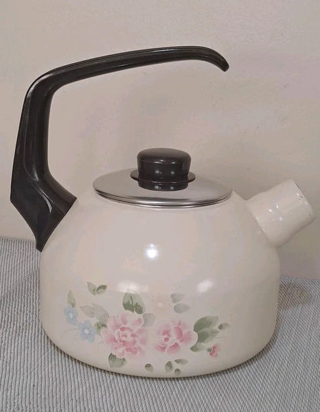 Vtg Pfaltzgraff Tea Rose Pink Floral Metal Enamel Tea Kettle Teapot