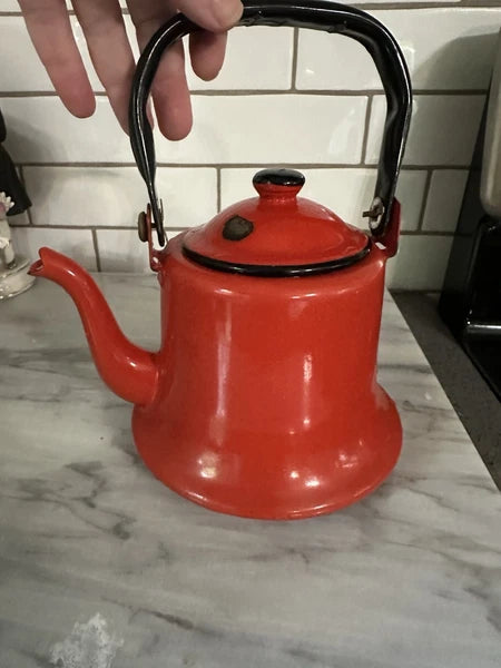Vintage MCM Red Baked Enamel Tea Kettle with Black Handle Tea Pot Japan Rustic