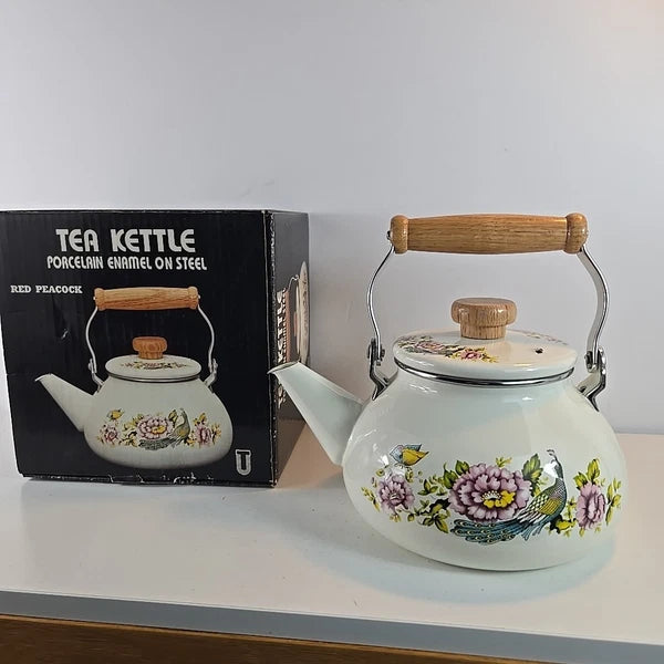 Vtg Tea Kettle Porcelain Enamel On Steal Red Peacock Wood Handle Taiwan W/ Box