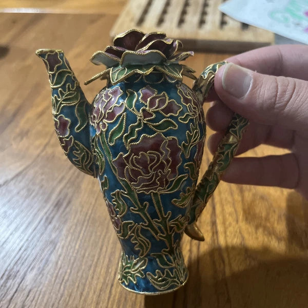 Miniature Floral Enamel Cloisonne Teapot Red Green Gold Rose Design Lid