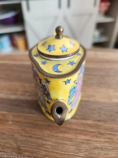 VINTAGE CLOISONNE TEA POT CATS W INSTRUMENTS THEME RETRO COLLECTIBLE ENAMEL