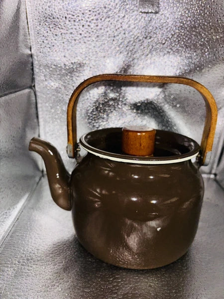 Vintage Small Brown  Enamelware Tea Pot Kettle Wood Handle 6.5" x 4.75"