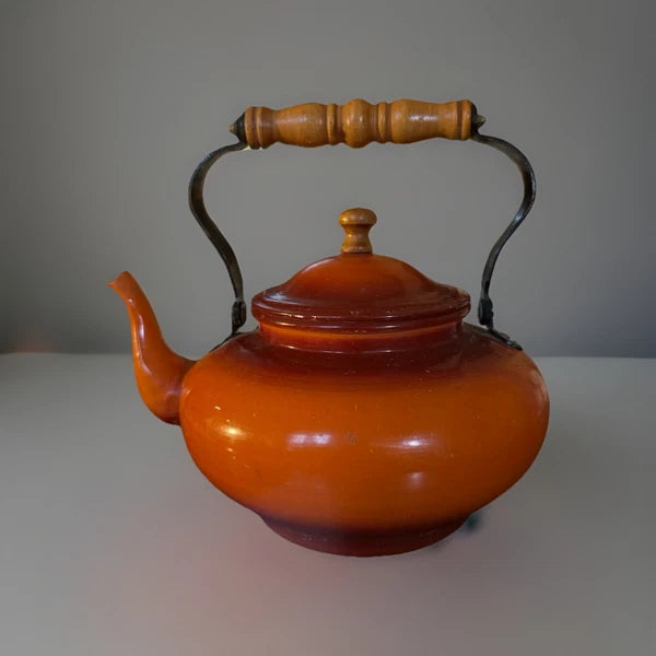 Vintage Taiwan Orange Enamelware Aluminum Teapot Tea Kettle Enamel