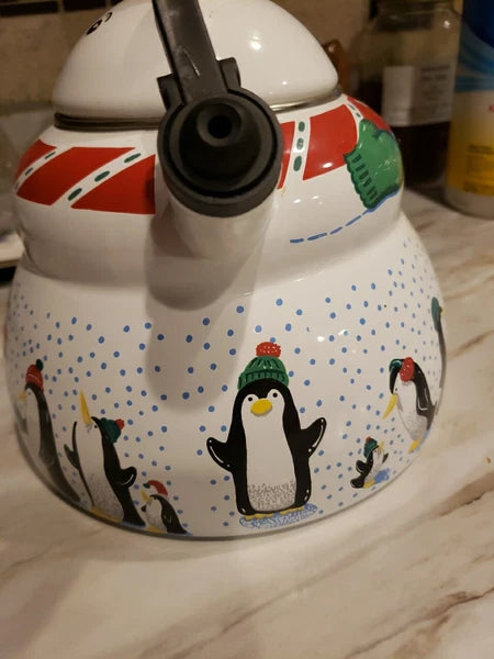 Polar Bear & Penguin 3qt Porcelain Enamel Roschko Teapot,  Christmas Tea Kettle