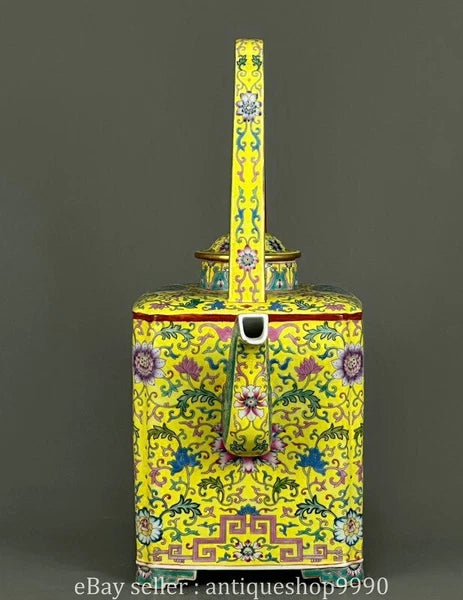 16.4" Yongzheng Marked Colour Enamel Porcelain Yellow Flower Wine Tea Pot Flagon