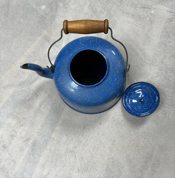 Vintage Teapot Blue and White Speckled Enamel w/ Wood Handle Tea Kettle 10" x 9"