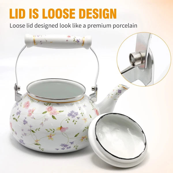 Enamel Teakettle Floral Teapot for Stovetop, 2.5L Large Green Floral Tea Kett...