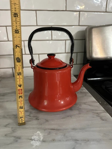 Vintage MCM Red Baked Enamel Tea Kettle with Black Handle Tea Pot Japan Rustic