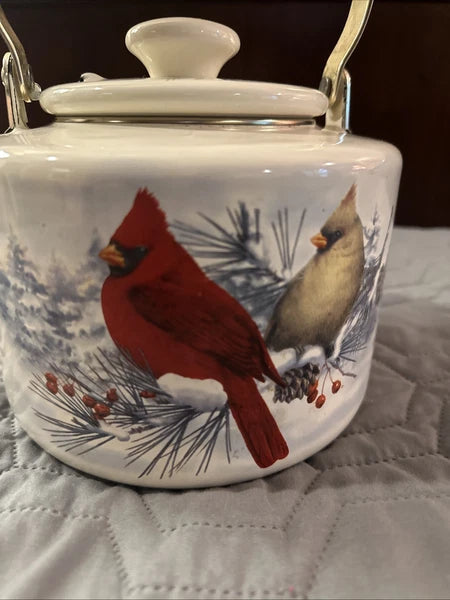 Lenox Winter Greetings Scenic Enamel Tea Kettle Cardinals Chickadee Holiday