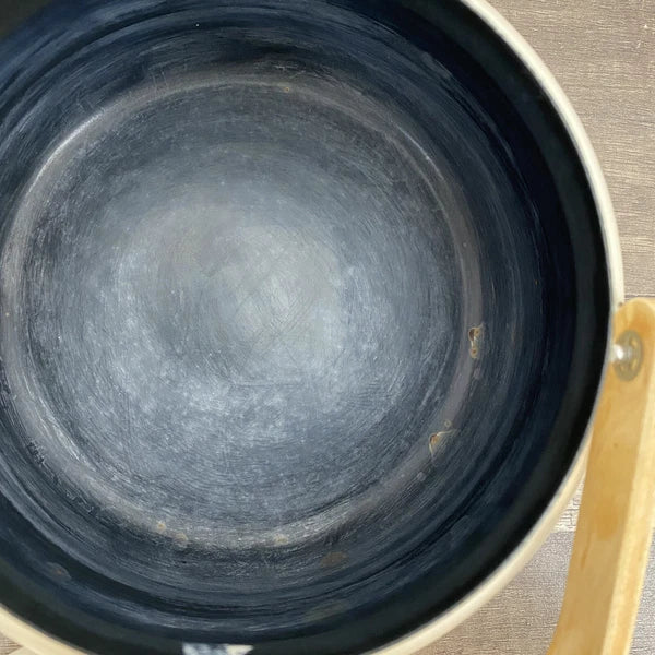 Vintage Beige Enamel Ware Mom Tea Pot Kettle Wood Handle Retro MCM Mother’s Day