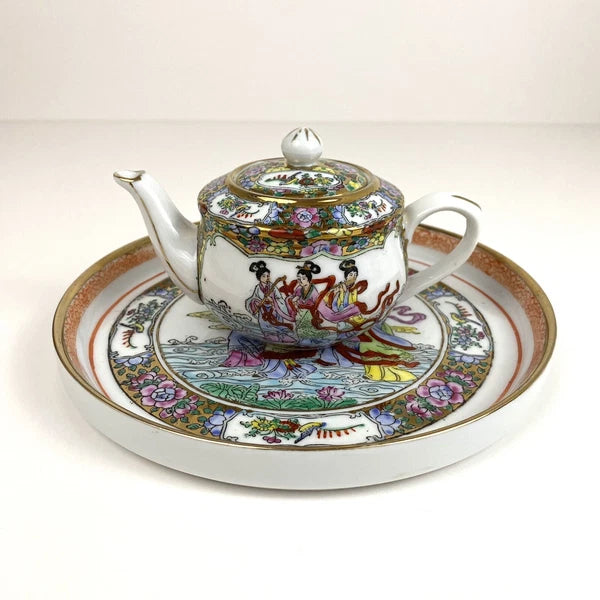Vintage Yi Xing Company Enamel Porcelains Colored Ceramic Teapot And Tray Set