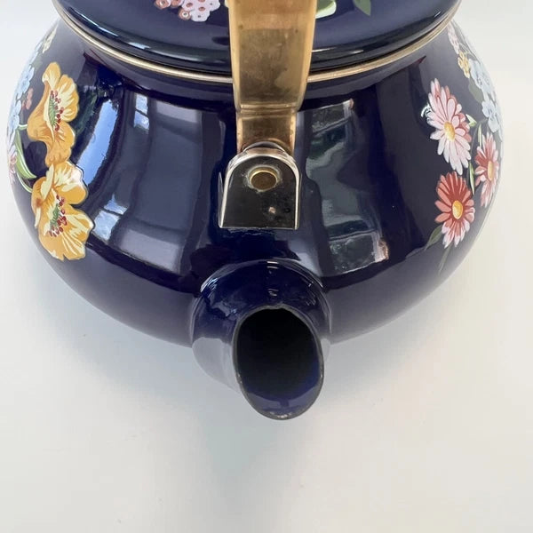1983 GAILSTYN SUTTON "Flower Garden" Vintage Enamel Ware Cobalt Teapot Kettle