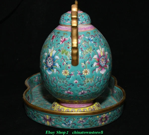 Old Qing Dynasty Enamel Colour Porcelain Gilt Flower Wine Tea Pot Flagon Set